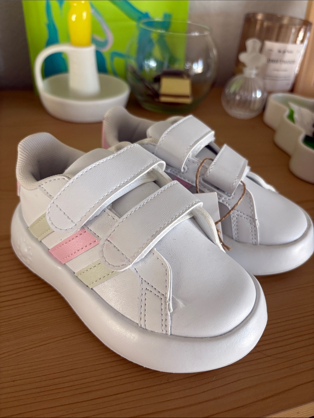 Adidas Kids Grand Court 2.0 CF Sneakers with Pink & Cream Stripes - Velcro